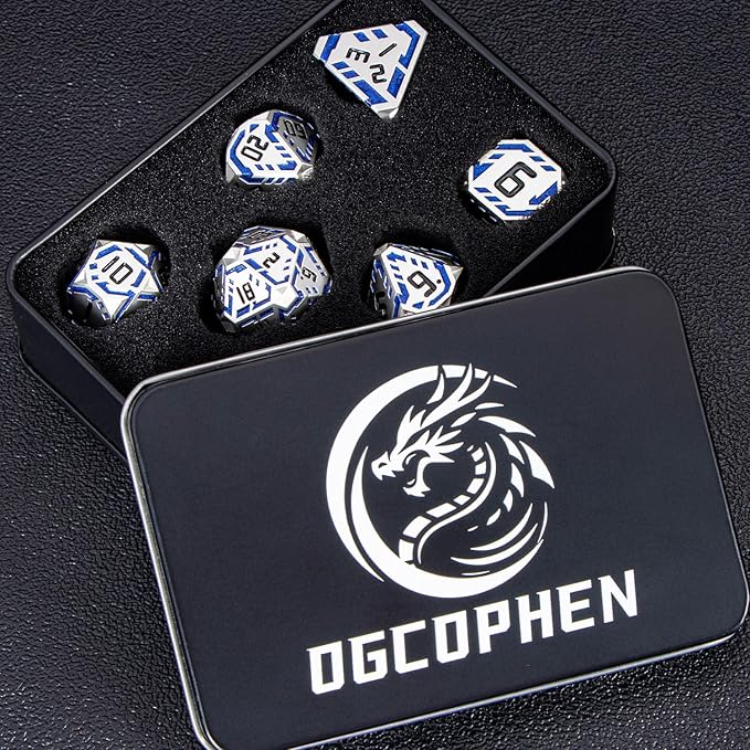 Metal DND Sci-fi Dice Set 7PCS Stripe Polyhedral Dice for Dungeons Dragons RPG Role Playing Game, Glitter D and D Dice with Gift Box D6 D8 D10 D12 D20 (Silver Blue)