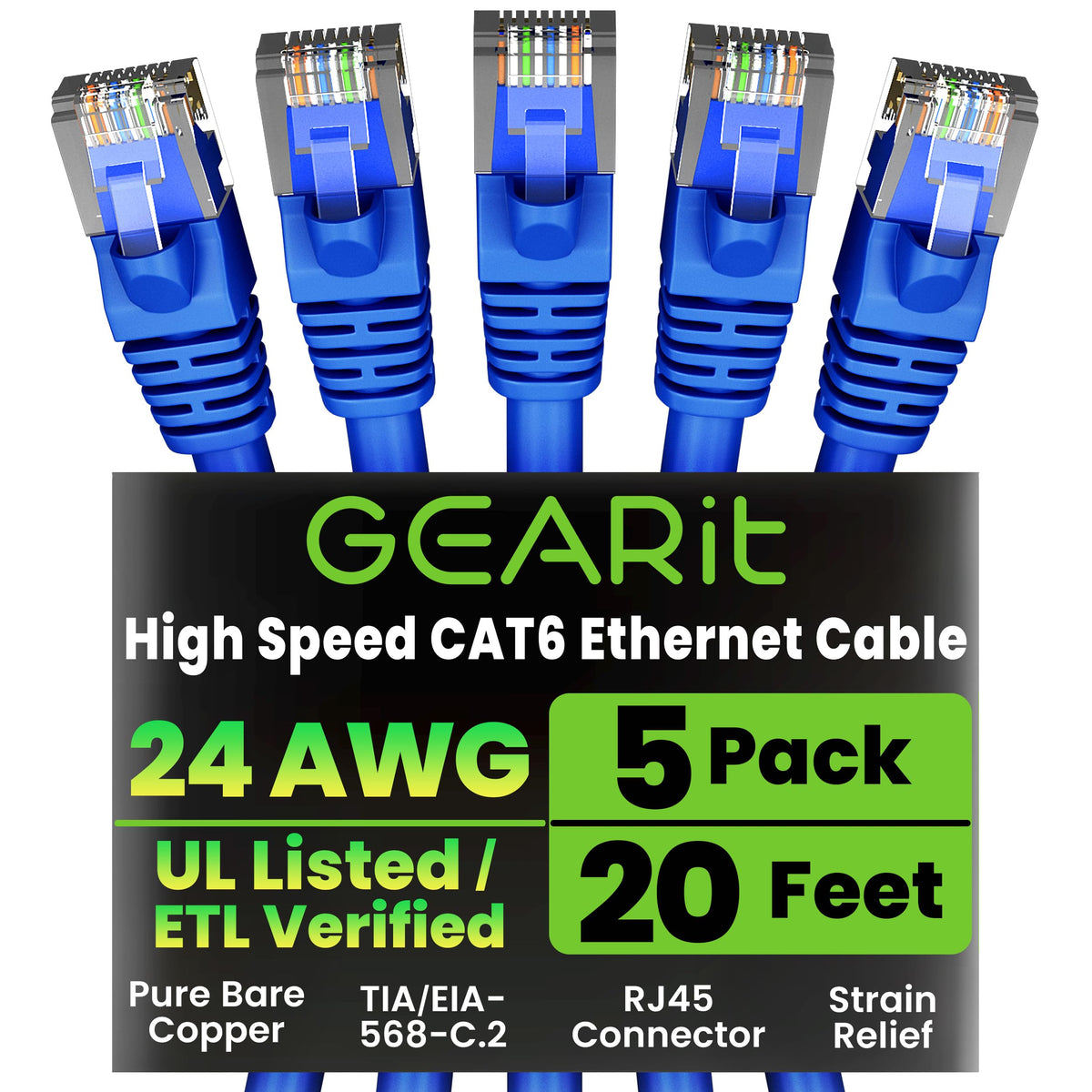 GEARit Cat6 Patch Cables Cat 6 Ethernet Cable 3 ft 5-Pack Black