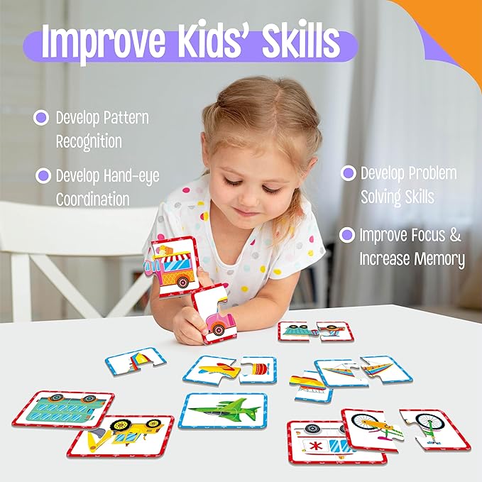 48 Vehicle Matching Puzzles, Self-Correcting Puzzle Match Game Educational Learning Activities for Toddlers, Preschool, Transportation-Themed Learning Games Toys for 3 Years Old