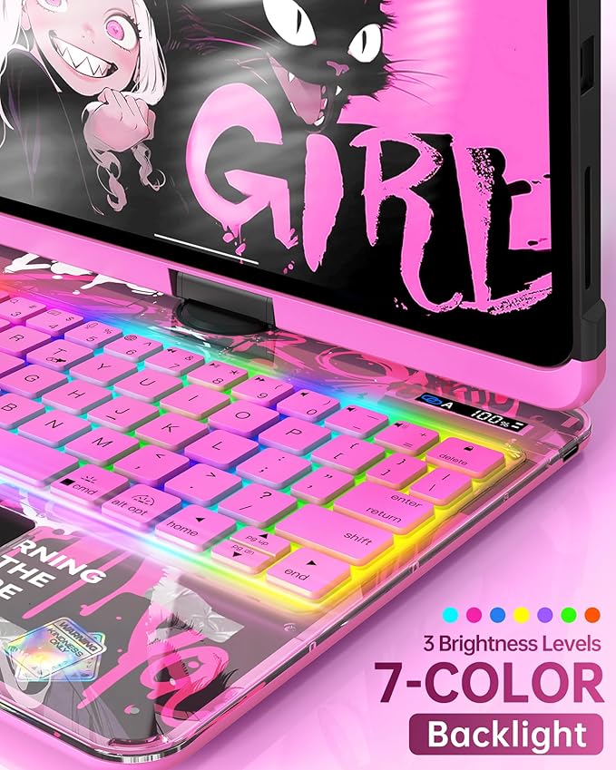 Intermerge Clear Keyboard Case for iPad Pro 13" (M4) 2024 Only, 360° Swivel Multi-Touch Trackpad, 7-Color RGB Backlit, Pencil Holder, Type-C, Power Indicator, Blush Pulse