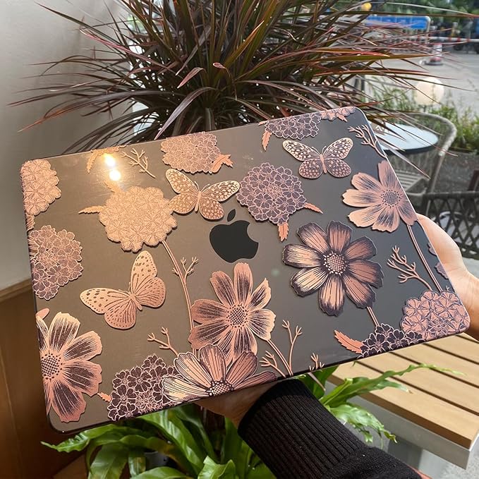 Teryeefi for MacBook Air 13 inch Case 2021 2020 2019 2018 Release (Model A2337 A2179 A1932 Retina Display with Touch ID), Plastic Hard Shell Case & Keyboard Cover for MacBook Air 13 M1, Gold Flowers