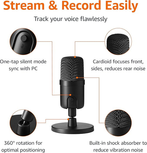 Amazon Basics Condenser Microphone for PC, Cardioid Pickup, USB Mic for Streaming, Recording, and Podcasting, 360° Adjustable Stand, Plug and Play, 5.8" x 3.4", Black