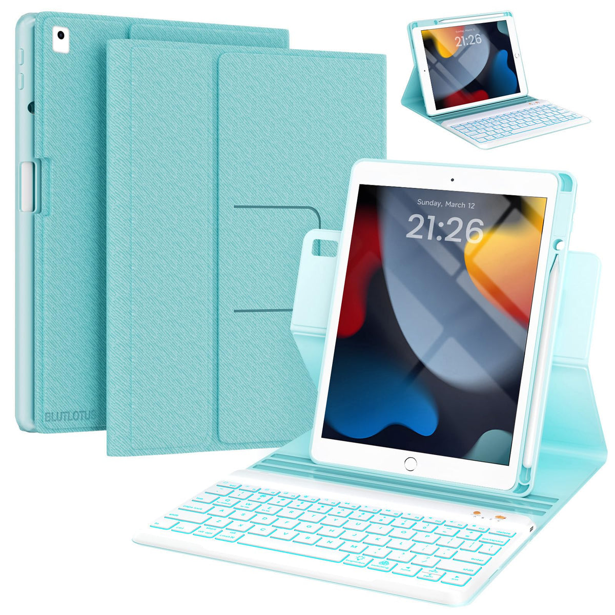 iPad 7th/8th/9th Generation Case with Keyboard 10.2-inch 2019/2020/2021, iPad Air 3rd/Pro 10.5-inch 2017 Compatible, 7 Color Backlit Keyboard BT/Wireless/Detachable with Pencil Holder (Mint Green)