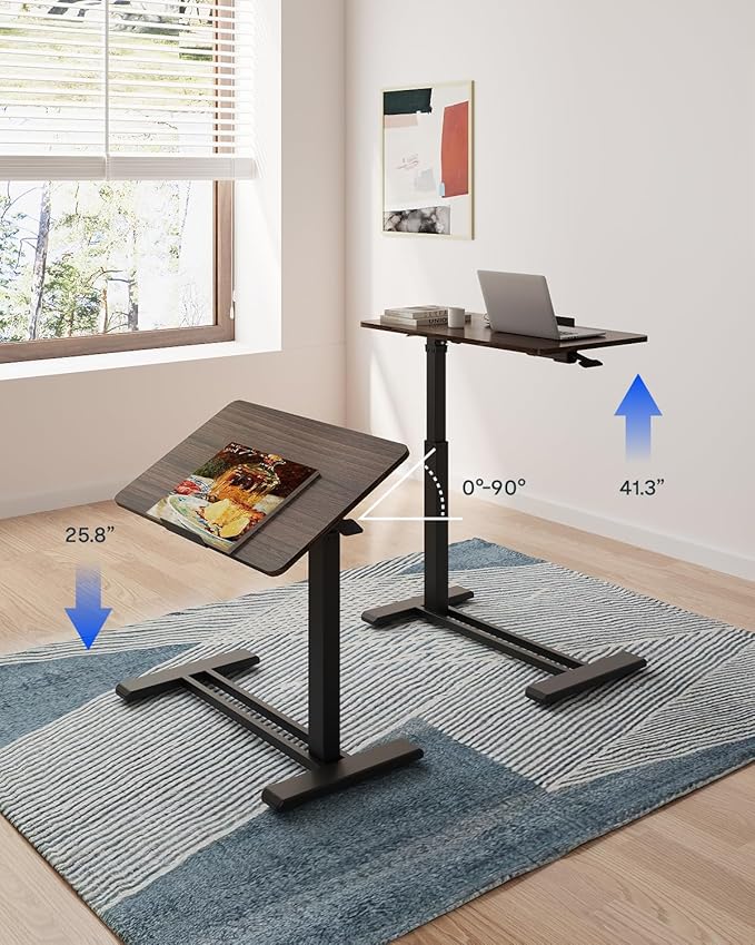 FLEXISPOT H7 PRO Mobile Standing Desk Adjustable Overbed Table Pneumatic with Wheels 90°Tiltable Portable Laptop Desk Rolling Computer Cart Foldable Bedside Table(27.6" W x 15.7" D, Rustic Brown)
