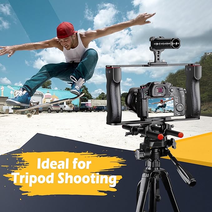 Zeadio Camera Video Rig Cage, Aluminum Filmmaking Movie Making Kit with Top Handle & Arca Type Base and Two 15mm Rod Guide, Compatible with All DSLR Camera and Camcorder