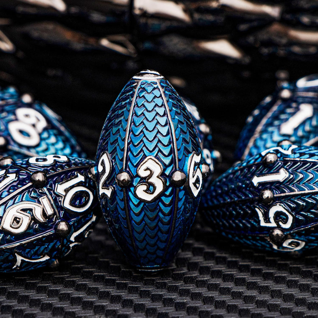 ARUOHHA DND Metal Dice Black Blue Dragons Egg Dice with Rotating Dragon Egg Shell, Compatible with D&D RPG Role Playing Game, Dungeons Polyhedral D and D Dice Set D20 D12 D10 D8 D6 D4