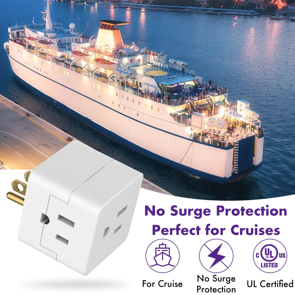 POWERCORDS 3 Outlet Cube Wall Adapter, 3 Pack, Recessed Outlet Extender, Low Profile 3 Prong Plug Splitter, Grounded Wall Tap, 90° Compact Adapter, Cruise & Travel, UL Listed 15A 125V White