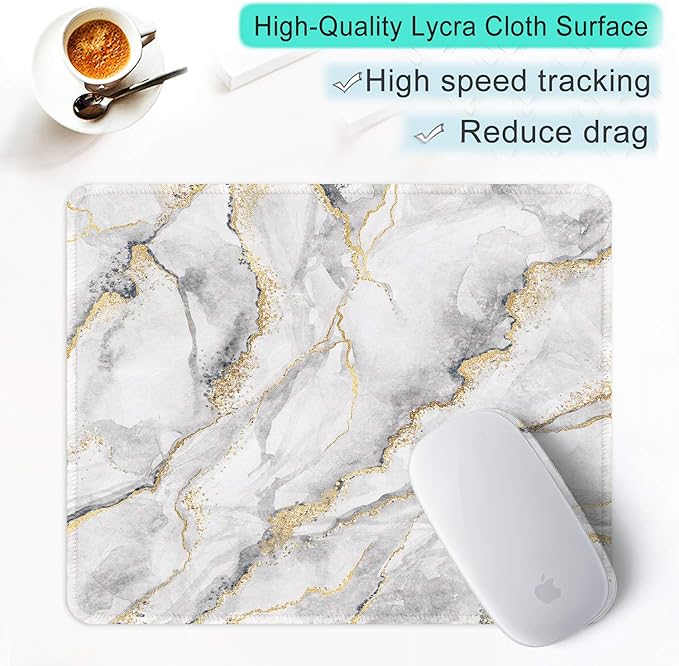 ITNRSIIET Mouse Pad with Stitched Edge Premium Textured Smooth Precise Operation Waterproof Washable Non-Slip Rubber Base Desktop Protection Mat, 10.2×8.3×0.12 inches, Gray Marbling