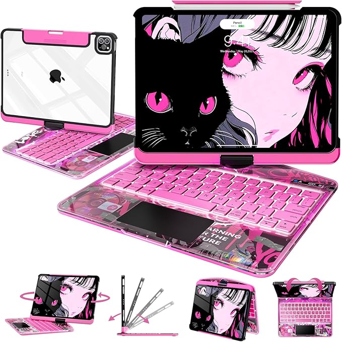 Intermerge Clear Keyboard Case for iPad Air 13" (M3/M2, 2025/2024) & Pro 12.9" (2022-2018) - 360° Rotatable Trackpad, RGB Backlit Keyboard, Pencil Holder, Power Indicator, Type-C, Blush Pulse