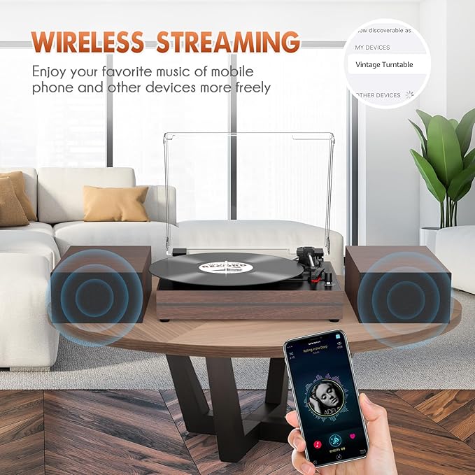 Vintage Record Player for Vinyl with Dual Separate Stereo Speakers Turntable BT Wireless Input Playback Belt Drive 3 Speed 3 Size Playback Record Player Support AUX Headphone Input RCA Out Auto Stop