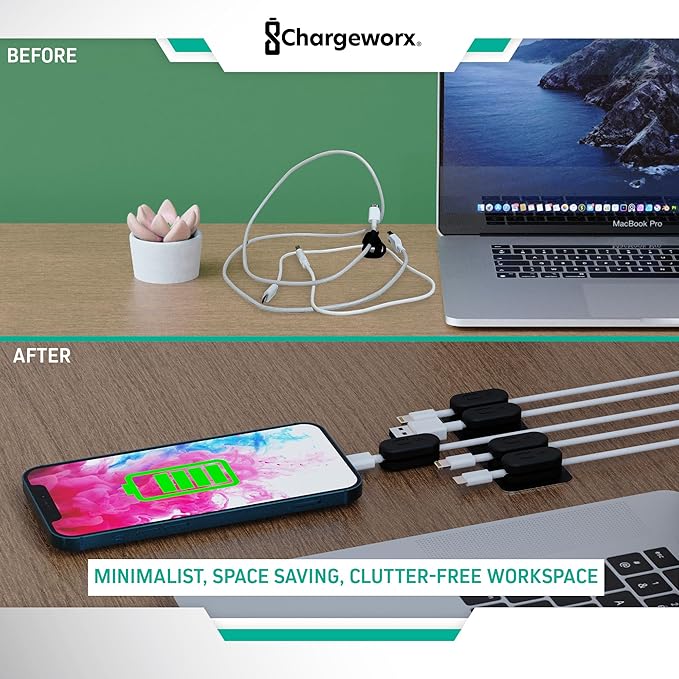 Magnetic Cable Clips [10-Pack] – Chargeworx Cord Organizer for Desk, Nightstand, Car, Wall – Strong Adhesive Wire Holder for USB-C, Lightning, Micro-USB – Tangle-Free, Snap-On, Easy Cable Management