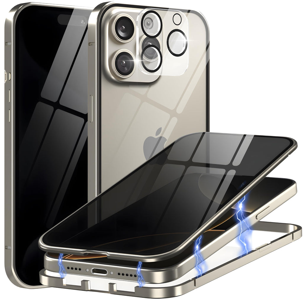 Eorkvr Privacy Magnetic Case for iPhone 16 Plus with Metal Titanium Frame Privacy Screen Protector & Camera Lens Protector, Magnetic Adsorption Double Sided Glass Case Anti Peep Anti Spy Phone Cover