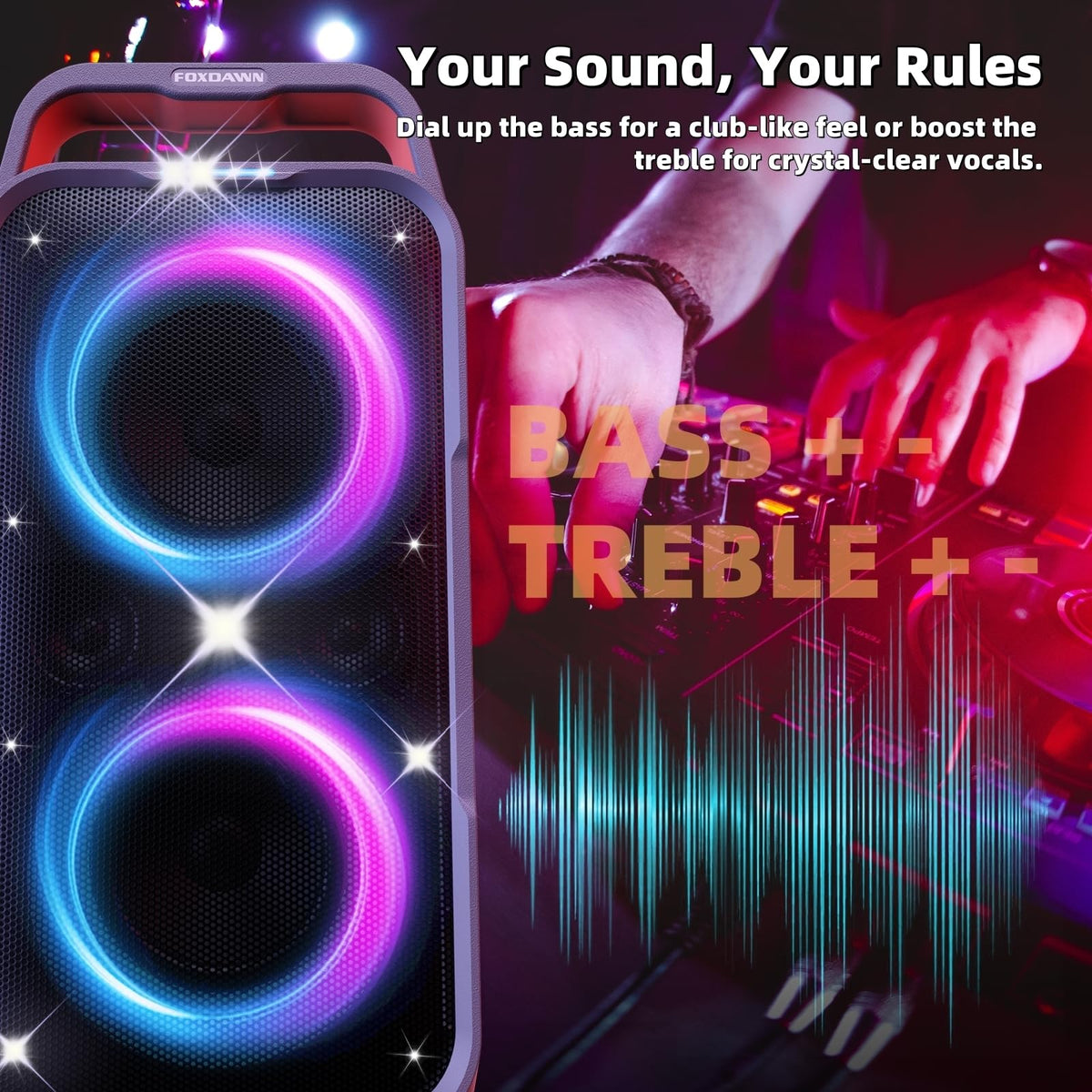Foxdawn Party Bluetooth Speaker: 240W Peak Loud Sound, Deep Bass, 15H Playtime, Fast Charge, IPX4 Waterproof, TWS, Led Light Show, Large Portable Wireless Speakers for Outdoor, Camping, Backyard, Home