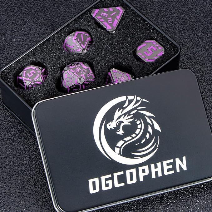 Metal DND Sci-fi Dice Set 7PCS Luminous Purple Stripe Polyhedral Dice for Dungeons Dragons RPG Role Playing Game, Glitter D and D Dice with Gift Box D6 D8 D10 D12 D20