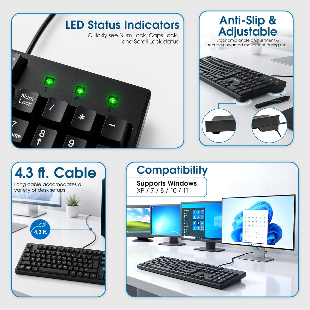 Manhattan Wired Computer Keyboard – Basic Black Keyboard - with 4.5ft USB-A Cable, 104-keys, Foldable Stands - Compatible for Windows, PC, Laptop - 3 Yr Mfg Warranty – 179324