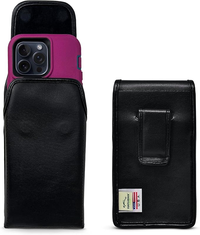 Turtleback Belt Holder for iPhone 16 Pro Max, 15 Pro Max, 14 Pro Max -Large- Fits w/Defender Bulky Style Cases, Premium Black Leather Vertical Holster, Magnetic Closure Leather Wrapped Clip