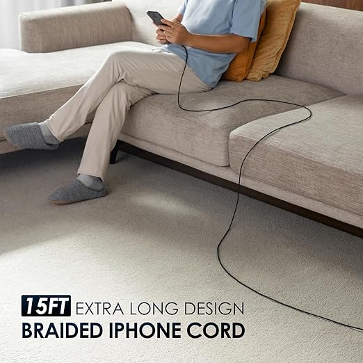 Extra Long iPhone Charger Cord 15FT [Apple MFi Certified] USB A to Lightning Cable Braided Fast Charging Cord Compatible with iPhone 14 Pro Max/Plus/13/12/11/X/XR/XS/SE/8/7/6/5/iPad - Black