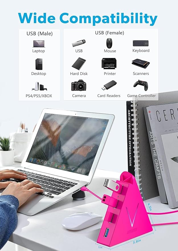 USB Hub 3.0, JoyReken 4-Port USB Splitter for Laptop, Ps4 Keyboard and Mouse Adapter Compatible with Xbox, PC, MacBook, Surface Pro, Flash Drive, HDD, Console, Printer, Camera,Keyborad,Mouse, Hot Pink