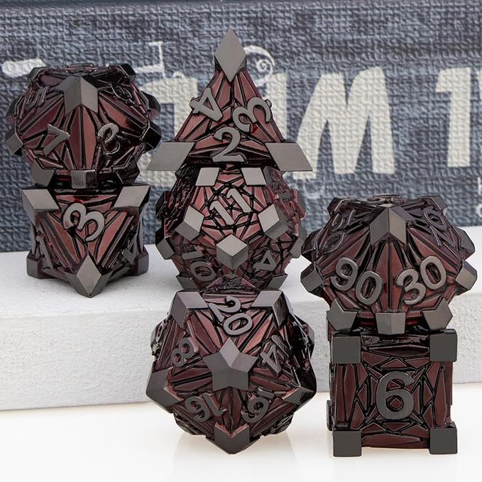 7PCS Metal DND Dice Set with Box, Debris RPG Red D and D Dice for use with D&D Tabletop Games Role Playing Game Polyhedral Dice Set D20 D12 D10 D8 D6 D4