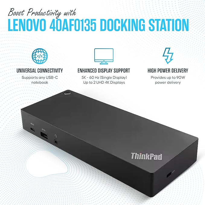 40AF0135US Lenovo Docking Station Dual Monitor Hybrid USB-C with USB-A, 135W, HDMI & DisplayPort Cable