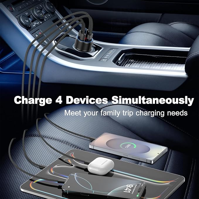 65W iPhone Car Charger Fast Charging, 2Pack 4 Port USB C Fast Car Charger+6ft Type C to C Cable, Dual USB-C & USB-A Cigarette Lighter Adapter with Voltmeter for iPhone 16 15 Pro Max,iPad,Samsung,Pixel