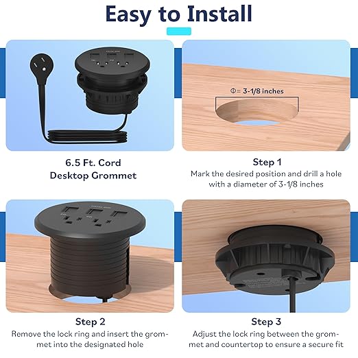 LIDER PD 65W GaN Technology Desktop Power Grommet, Power Delivery, USB-A and 2 USB-C Ports, Tamper-Resistant Receptacles, Self-Close Cover, Desk Charging Station, Black, 6.5ft Cord, ETL Listed