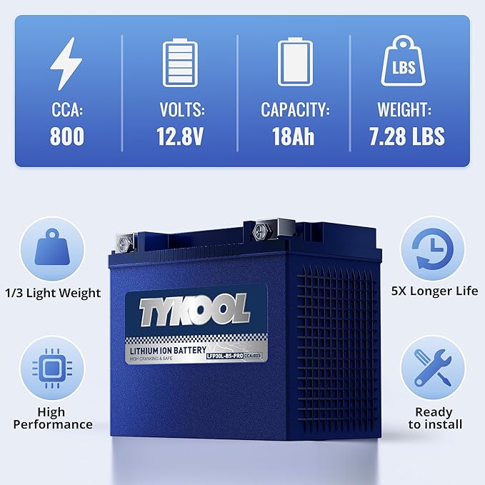 TYKOOL YIX30L/YTX30L-BS High Performance LiFePO4 Lithium Motorcycle Battery,800CCA,12V 18Ah,Digital Readout, Powersports Battery,Compitable for Harley Davidson,ATV,UTV,Snowmobile,Riding Lawn Mower
