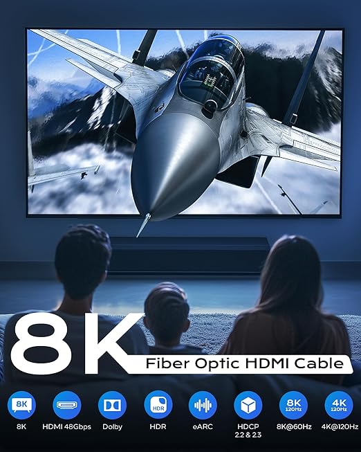 Long 8K Fiber Optic HDMI Cable 150FT - High-Speed HDMI Cord 48Gbps,8K 60Hz，4K 120Hz，HDCP 2.2&2.3，HDR10 - Compatible with HDTV/Monitor/Projector