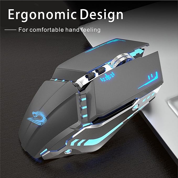 TENMOS T12 Wireless Gaming Mouse Rechargeable, 2.4G Silent Optical Wireless Computer Mice with Changeable LED Light for Laptop PC, 7 Buttons, 3 Adjustable DPI (Grey)