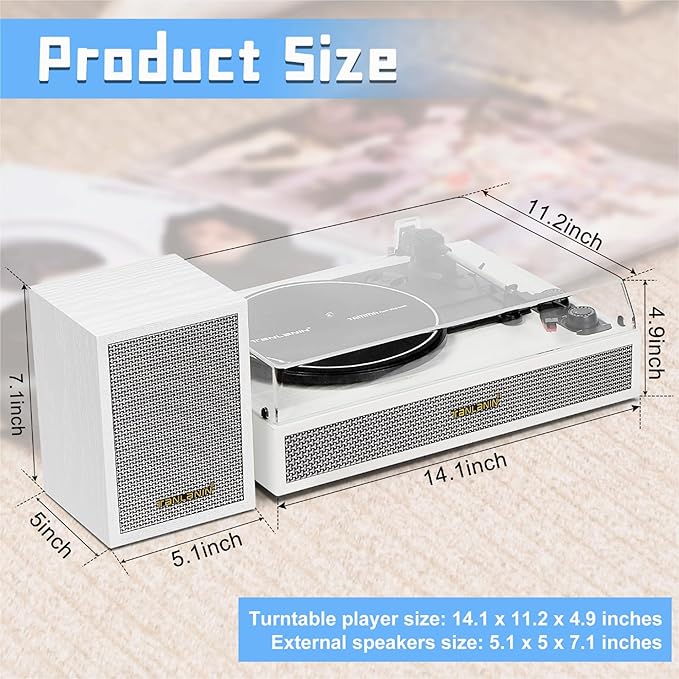 Vinyl Record Player with External Speakers, 3 Speed Vintage Belt Drive Turntable Record Player with Stereo Speakers RCA Audio Out and Aux-in, White Wood