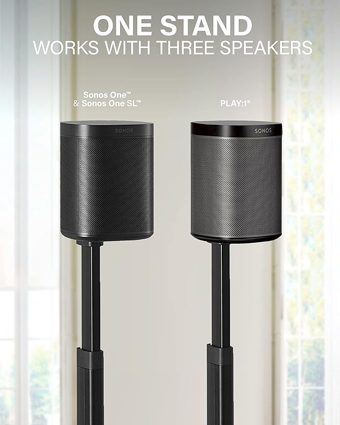 SANUS Adjustable Height Wireless Speaker Stands Designed for Sonos One, One SL, and Play:1 - Tool-Free Adjustment up to 16" and Built-in Cable Management - Black/Single