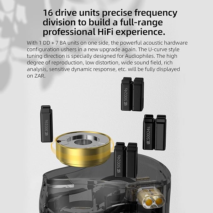 KZ ZAR in-Ear Monitor 7BA+1DD Hybrid 8 Drivers Gaming Earbuds HiFi Bass Noise Isolation IEM, Clarity in All Frequency Stereo Comfort-fit in Ear Headphones for Audio Engineers, Musicians(No Mic)