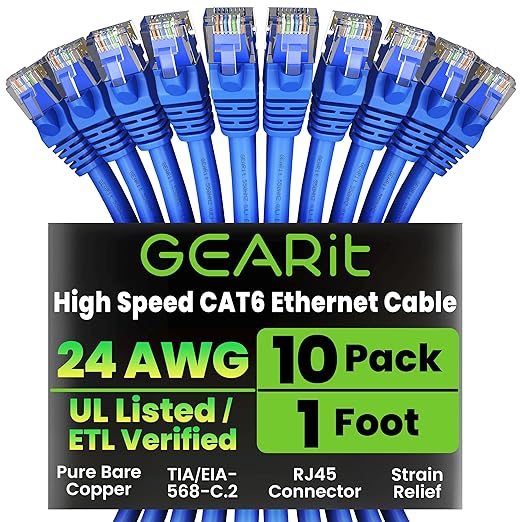 GearIT Cat 6 Ethernet Cable Pack - 10-Pack 1 ft Cat6 Ethernet Patch Cables | RJ45 Network Patch Cable, 10 Gbps Snagless Gold-Plated Connectors - Ethernet Cable Cat 6 for PC, TV, Router - Blue
