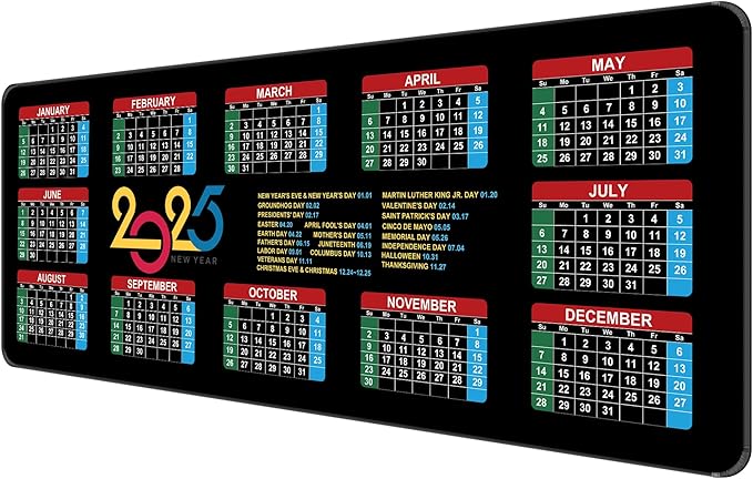 Dynippy Thin Extended Gaming Mouse Pad （31.5 * 11.8 * 0.08 inch） with Stitched Edges Large Mousepad Long XXL Keyboard and Mouse pad Desk Mat for Gaming Office & Home - 2025 Calendar Holidays