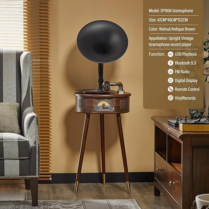 Gramophone Record Player，Italian Style Gramophone Vinyl Record Player with Control/Bluetooth/USB/FM Vintage Record Players Turntables 2 Speed(33/45), Hi-Fi, Classic Tripod Retro Wooden Design
