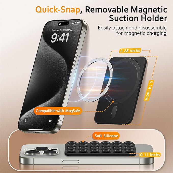 GONEZ Magnetic Suction Cup Phone Mount for MagSafe Case, Removable Silicone Sticky Grip for iPhone 12/13/14/15/16, Hands-Free Selfies and Videos for TikTok & Instagram Influencer/Creator, Black