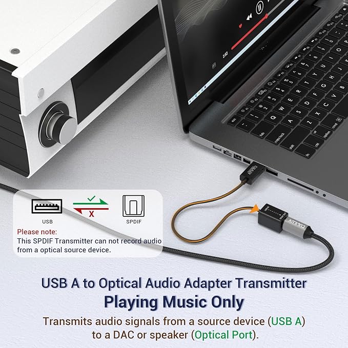 Cubilux USB A to TOSLINK Optical Audio Adapter, Unidirectional USB Type A to SPDIF Digital Converter, S/PDIF Transmitter for Computer Laptop PC PS5/4 ONLY, NOT for TV Or Other Devices