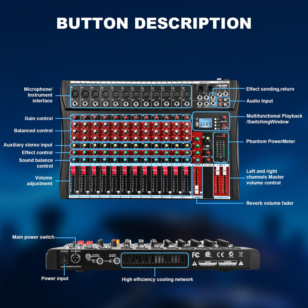FULODE 12 Channel Audio Mixer, Professional Music Mixer Board DJ Mixing Console with Bluetooth, USB/MP3 Player, Reverb, and 48V Phantom Power for Studio Recording, Karaoke, and Live Performances