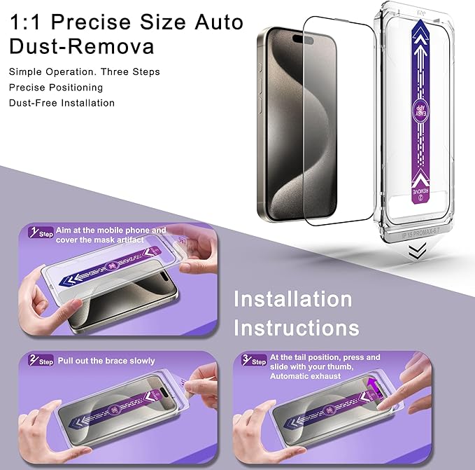 2 Pack Screen Protector for iPhone 15 Pro Max, 9H Tempered Glass, Full Coverage, Anti-Fingerprint, Auto Dust-Elimination, No Bubble, Easy Installation