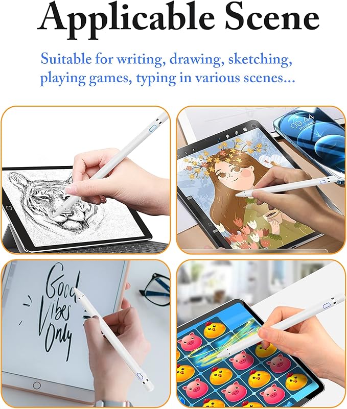 DOGAIN Active Digital Stylus Pen for Touchscreen, Stylus Pencil for Apple iPad mini/Pro/Air, Switch, Samsung, iPhone, Android and Most Phone & Tablet, 1.5mm Fine Point Rechargeable Pens - White