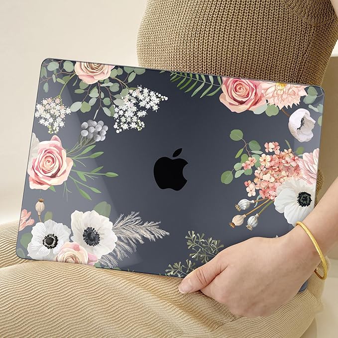 TWOLSKOO Compatible with M4 MacBook Air 15 inch Case 2025-2023 Released Model M4 A3241 M3 A3114 M2 A2941, Plastic Hard Shell & Screen Protector & Keyboard Cover & Type C Adapter, Rose Flower