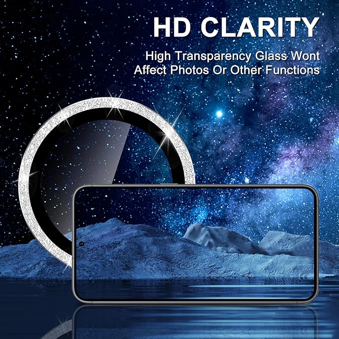 for Samsung Galaxy S24 FE Camera Lens Protector, Individual Metal Ring Tempered Glass Lens Cover, [Strong Adsorption] Scratch Resistant Ultra-Thin HD Clear Lens Cover, 1 Set-Silvery Sparkly