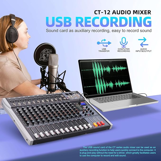 Pro DJ Mixer 12-Channel Audio Console - Bluetooth/USB Streaming, 48V Phantom Power, 3-Band EQ for Live Stage, Recording Studio & Karaoke Systems (CT-12)