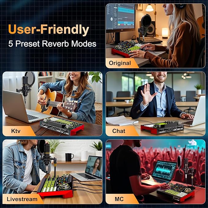 podcast equipment bundle, Live Sound Card with Audio Interface, All-in-One Audio Mixer with Voice Changer, Condenser Microphone for Live Streaming, Singing, Gaming, and Content Creation.