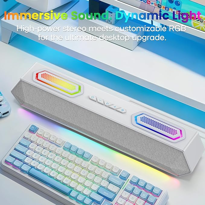 Deeyaple Computer Speakers, 40W Wireless Soundbar for Desktop PC with Bluetooth 5.3 & USB Audio, Dynamic RGB Lighting, Software Custom EQ, External Power Adapter Gaming Speakers, Laptop, Xbox (White)