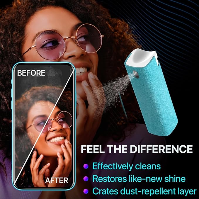 Mini Screen Cleaner Spray – Finger Proof Screen Cleaner for Smartphones, iPads, MacBooks, Laptops, Car Screens, Touchscreens – 3in1 Mist Cleaner, Microfiber Cloth and Cover (Navy Blue)