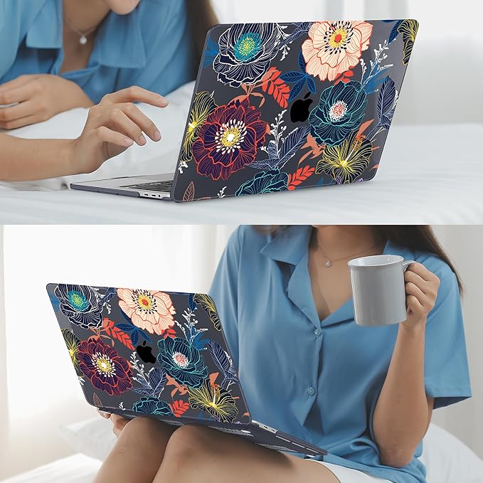 Mektron for MacBook Pro 16 inch A2141 Case 2020 2019 Release with Retina Display & Touch Bar & Touch ID, Plastic Hard Shell Cover Keyboard Skin Screen Protector Dust Plug，Dahlia Flowers