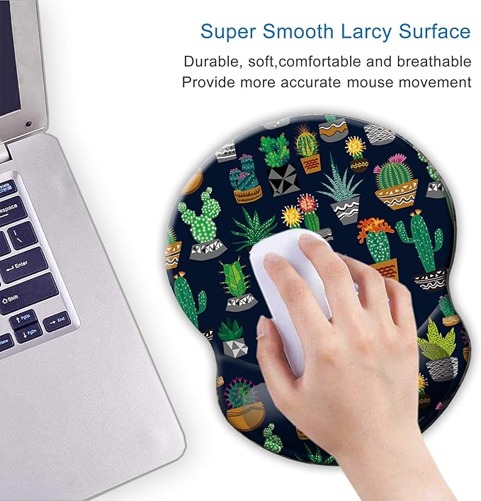 ITNRSIIET Ergonomic Mouse Pad with Gel Wrist Support Small Wrist Rest Smooth Surface Non-Slip PU Base Comfortable Office Supplies Pain Relief, 8.7 x 7.2 inches, Cute Cactus with Black Design