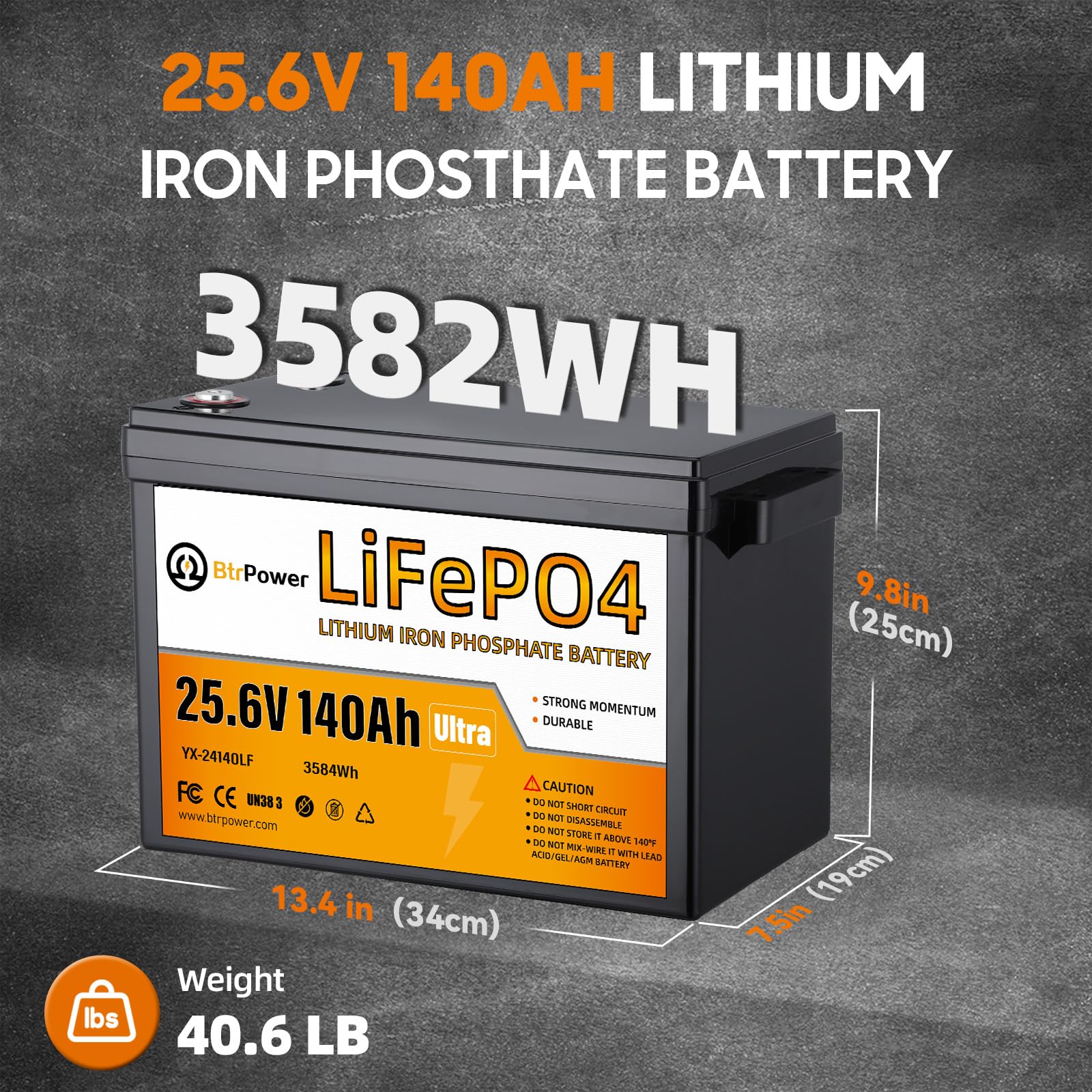 24V 140Ah Lithium Battery,Deep Cycle LiFePO4 Batteries with Max.3584Wh Energy Capacity,5000+ Deep Cycles,for Solar System Back-up Power,Off-grid Applications,RV,Trolling Motor etc.