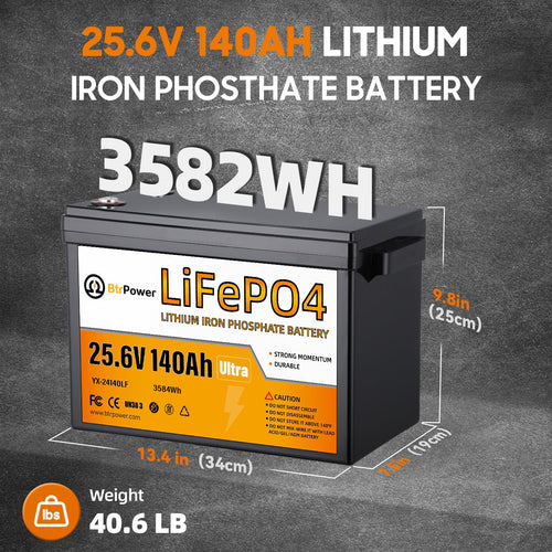 24V 140Ah Lithium Battery,Deep Cycle LiFePO4 Batteries with Max.3584Wh Energy Capacity,5000+ Deep Cycles,for Solar System Back-up Power,Off-grid Applications,RV,Trolling Motor etc.